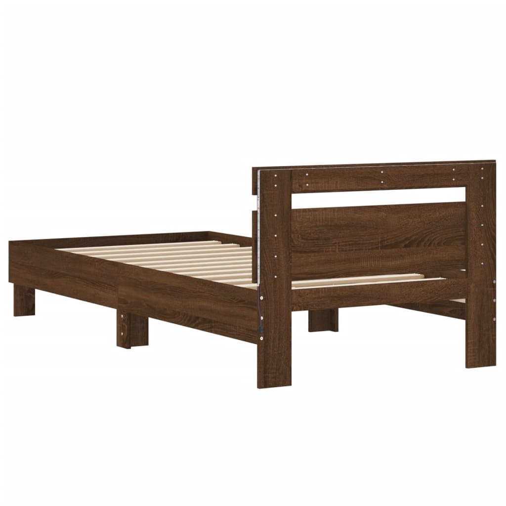Brown Oak Single Bed Frame 90x190 cm with LED Lights