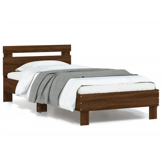 Brown Oak Single Bed Frame 90x190 cm with LED Lights