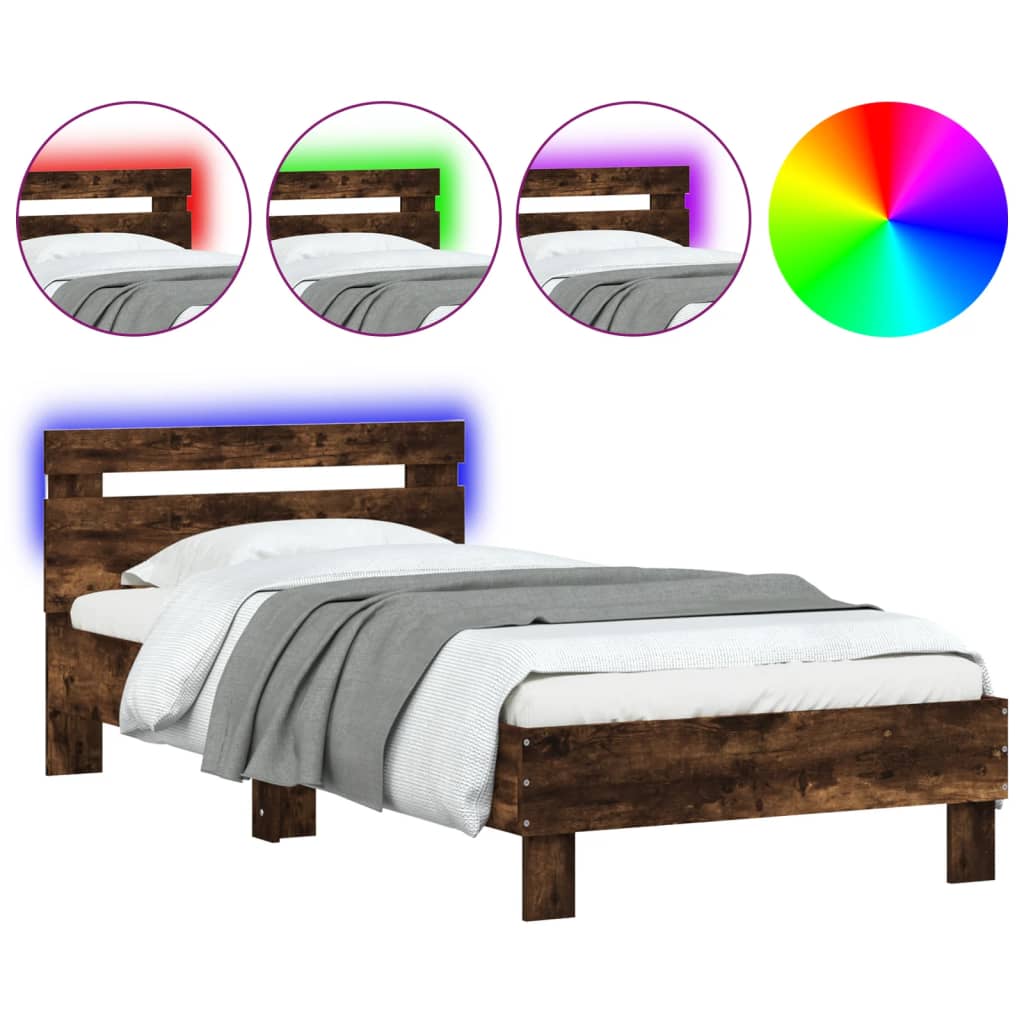 Smoked Oak LED Bed Frame 75x190cm Small Single, No Mattress