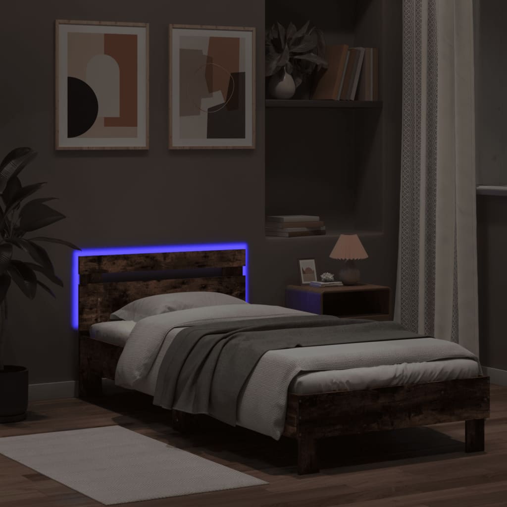 Smoked Oak LED Bed Frame 75x190cm Small Single, No Mattress