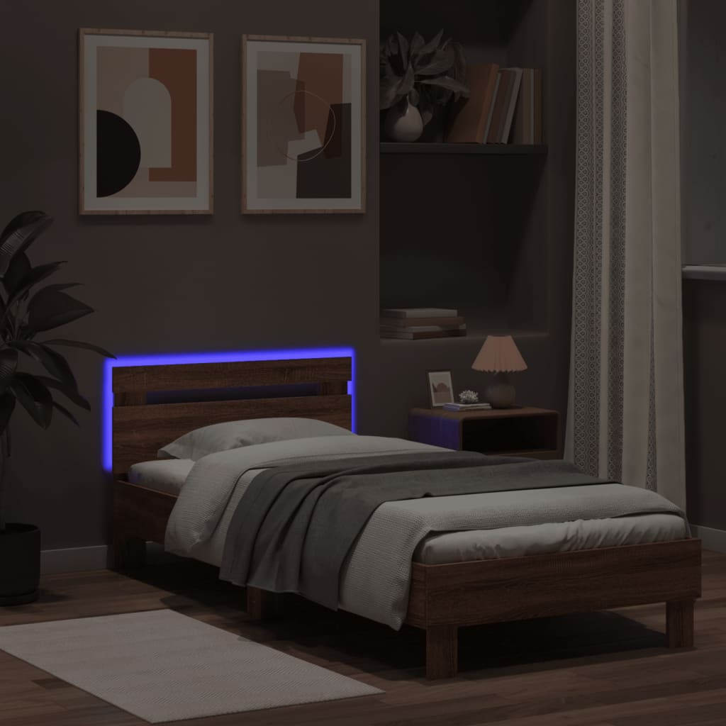 Brown Oak LED Bed Frame 75x190 cm - Small Single, No Mattress