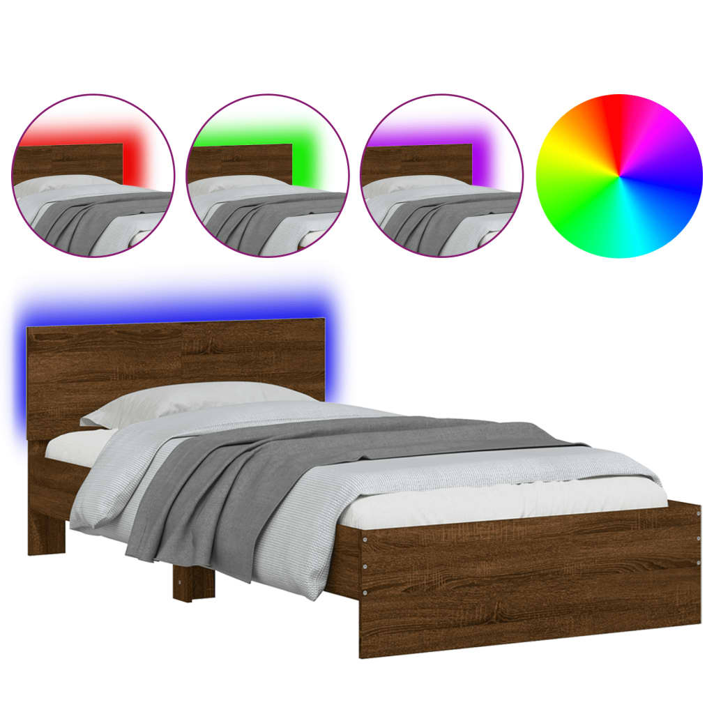 Brown Oak Bed Frame with LED Lights - 100x200 cm (Mattress Not Included)