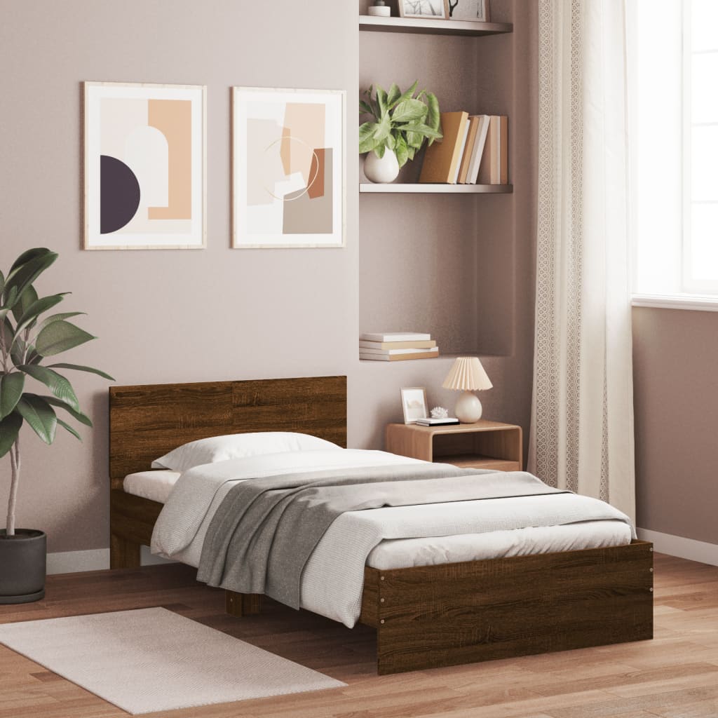 Brown Oak Bed Frame with LED Lights - 100x200 cm (Mattress Not Included)