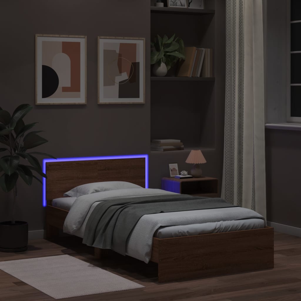 Brown Oak Bed Frame with LED Lights - 100x200 cm (Mattress Not Included)