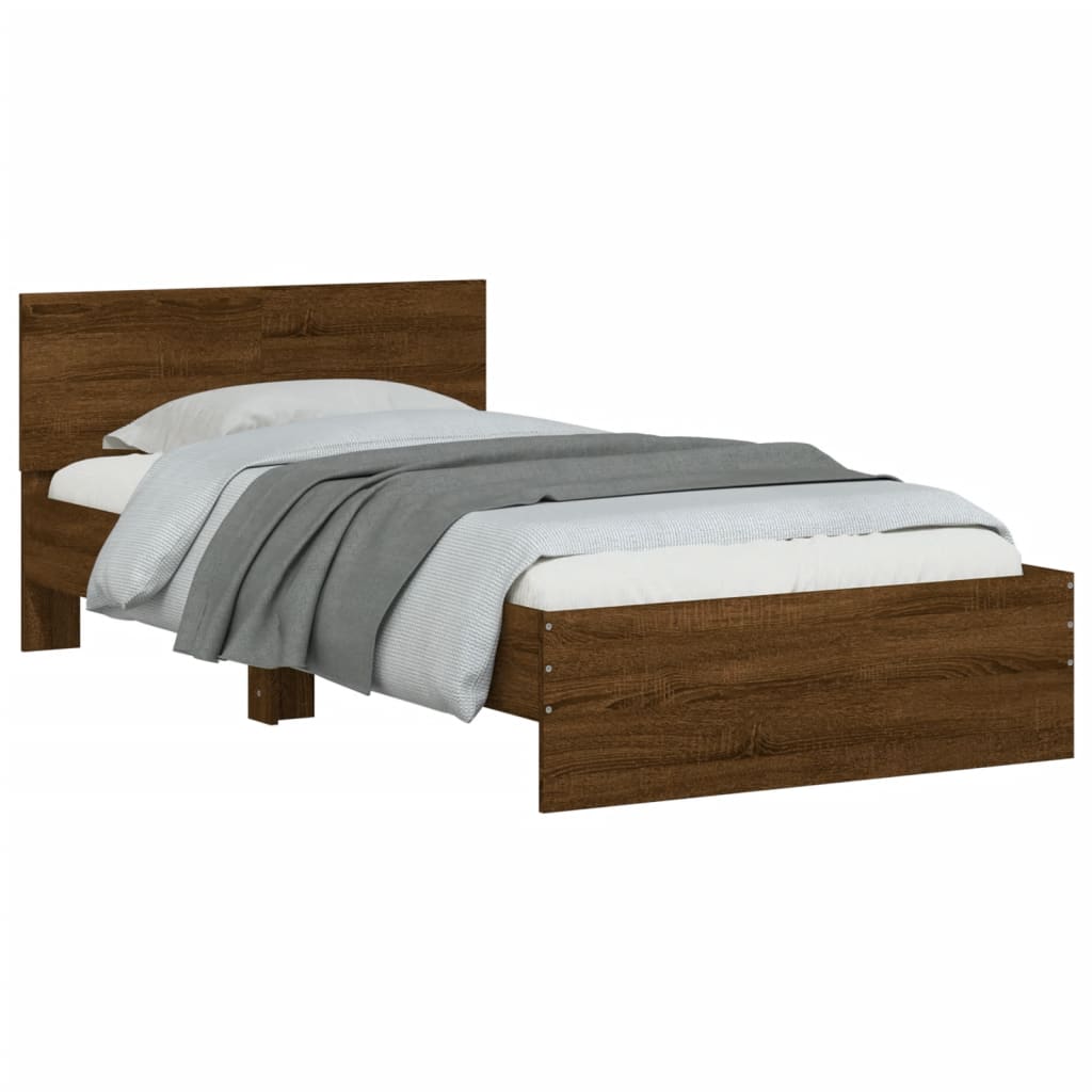 Brown Oak Bed Frame with LED Lights - 100x200 cm (Mattress Not Included)