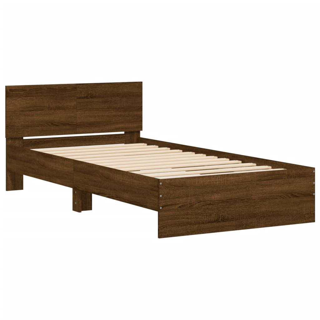 Brown Oak Bed Frame with LED Lights - 100x200 cm (Mattress Not Included)