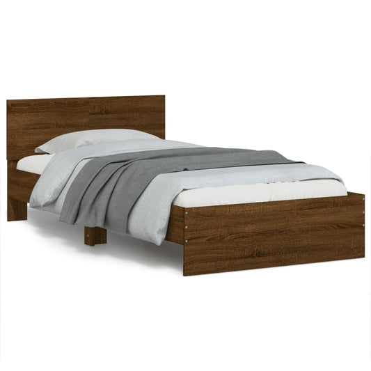 Brown Oak Bed Frame with LED Lights - 100x200 cm (Mattress Not Included)