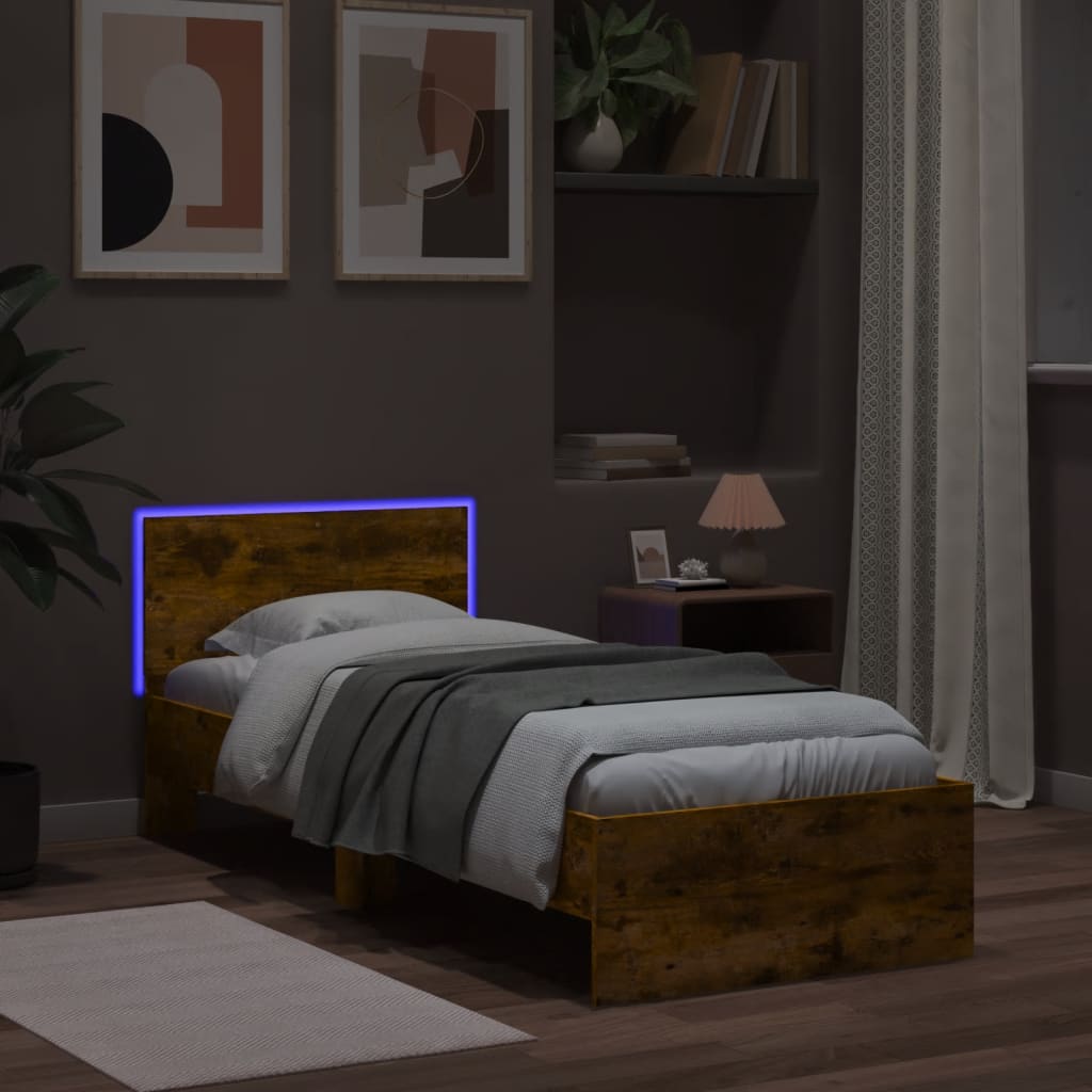 Smoked Oak LED Bed Frame 75x190 cm – Small Single, No Mattress