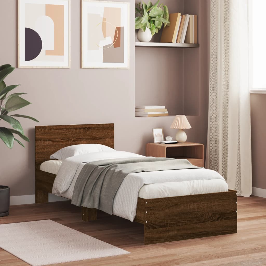 Brown Oak Bed Frame with LED Lights - 75x190 cm Small Single