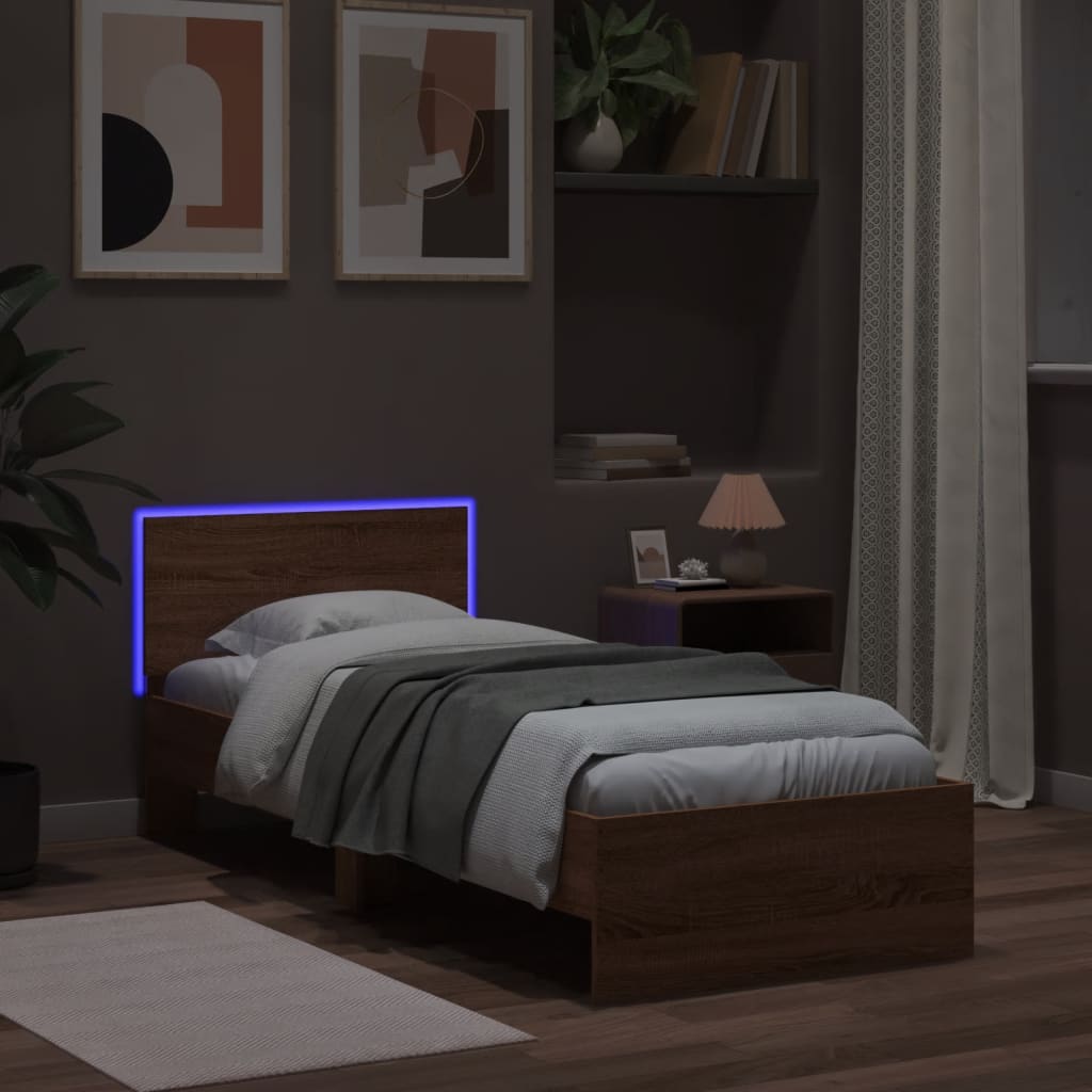 Brown Oak Bed Frame with LED Lights - 75x190 cm Small Single