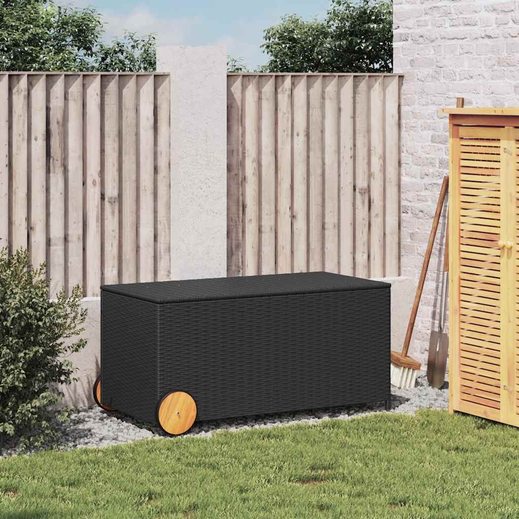 Black Poly Rattan Garden Storage Box with Wheels, 190L Capacity