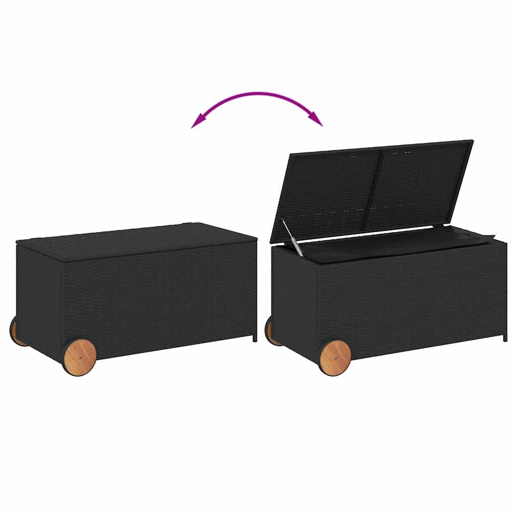 Black Poly Rattan Garden Storage Box with Wheels, 190L Capacity