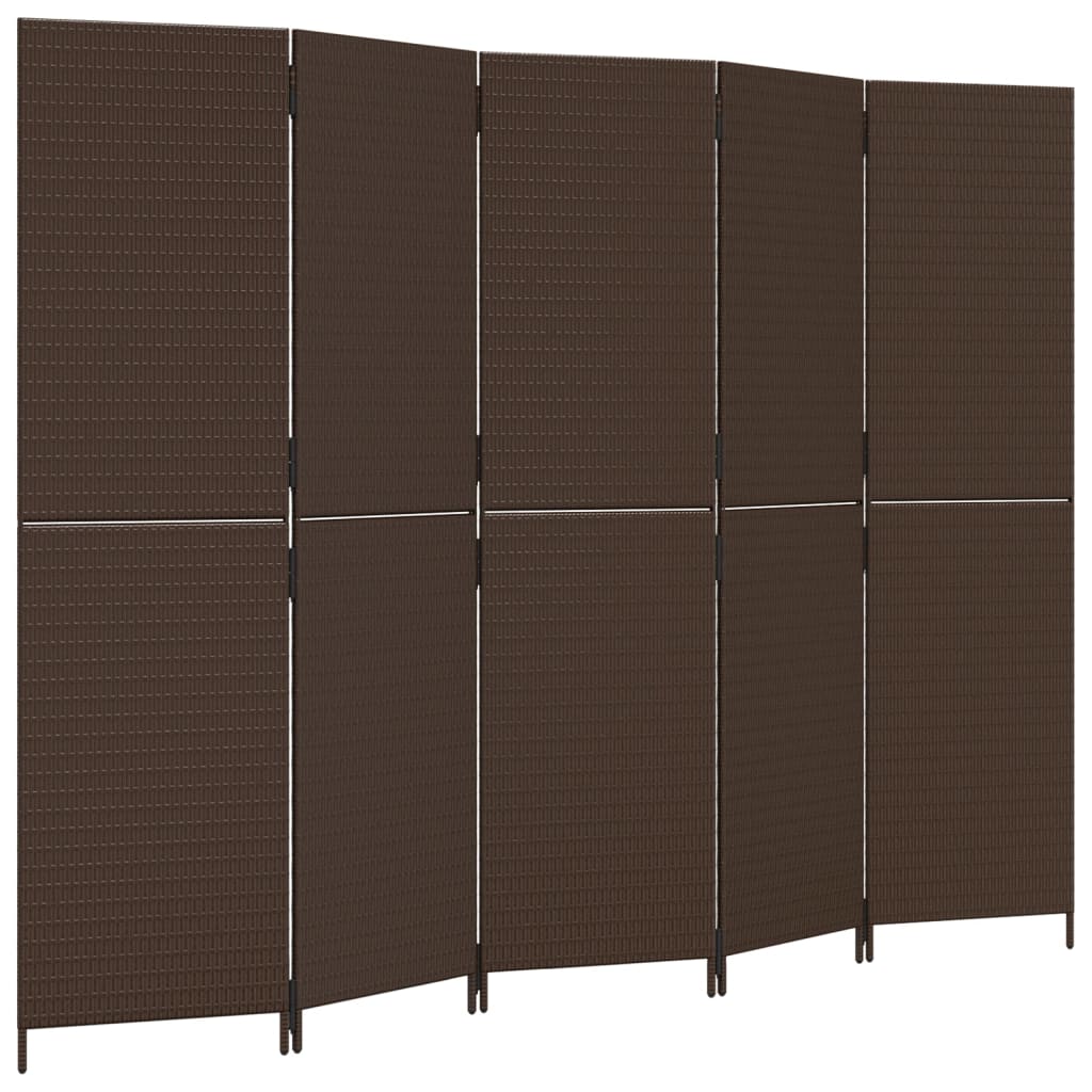 5-Panel Brown Poly Rattan Room Divider – Stylish Privacy Solution
