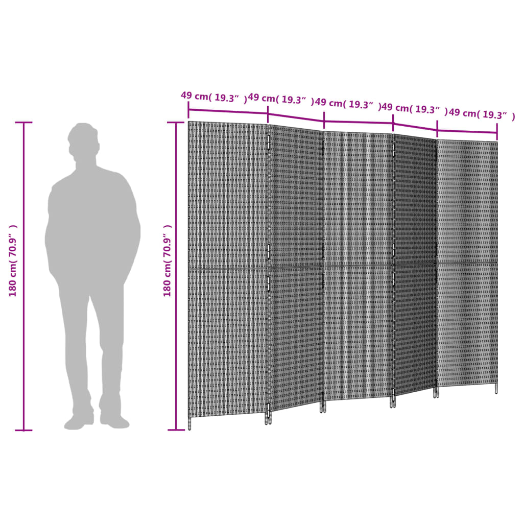 5-Panel Brown Poly Rattan Room Divider – Stylish Privacy Solution