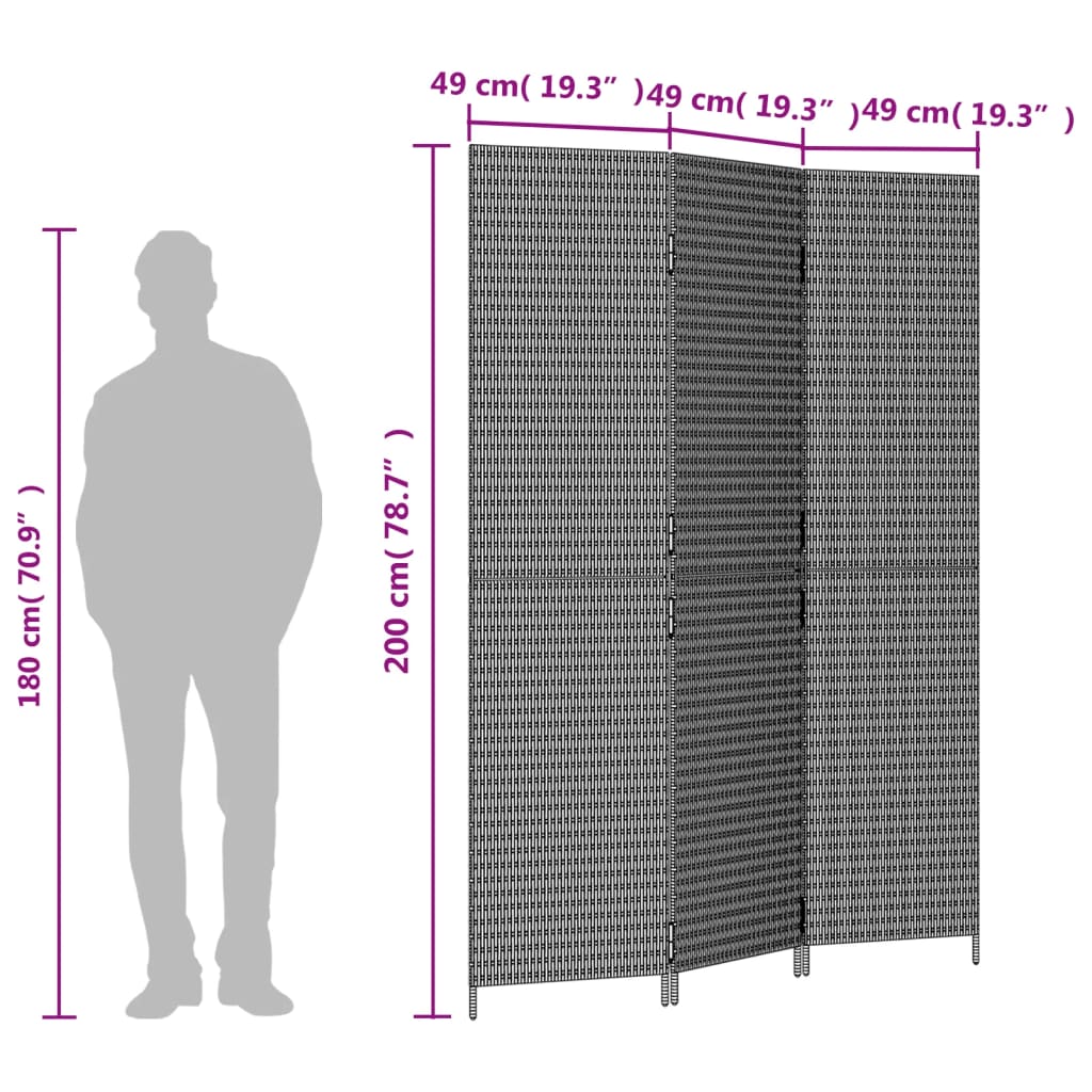 Stylish Grey Poly Rattan 3-Panel Room Divider