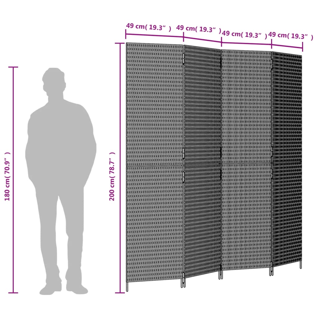 Brown Poly Rattan Room Divider - 4 Panel Privacy Screen
