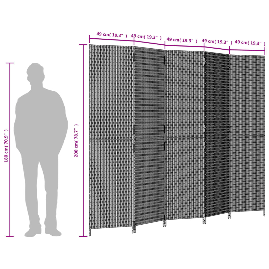 Room Divider 5 Panels Black Poly Rattan