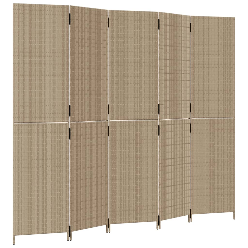 Beige Poly Rattan Room Divider - 5 Panels for Stylish Privacy