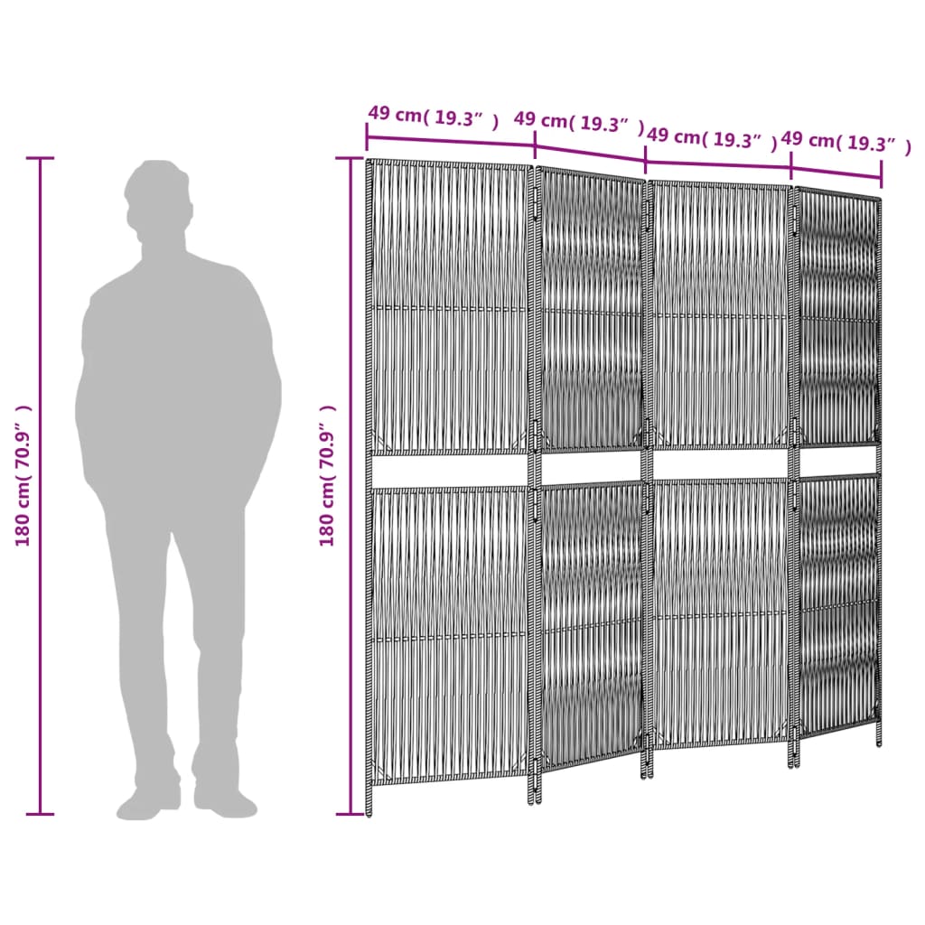 4-Panel Brown Poly Rattan Room Divider - Stylish Space Separator