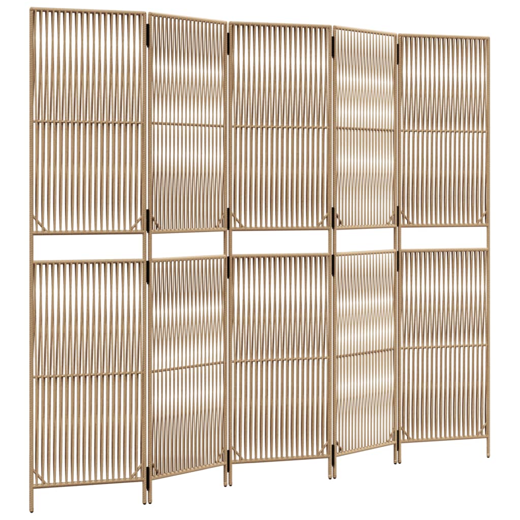 Beige Poly Rattan 5-Panel Room Divider - Stylish & Versatile