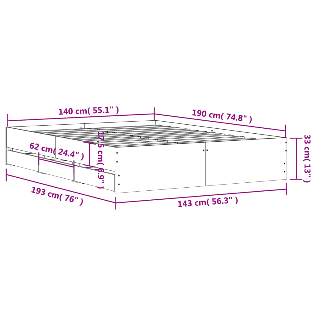 Bed Frame with Drawers without Mattress Black 140x190 cm