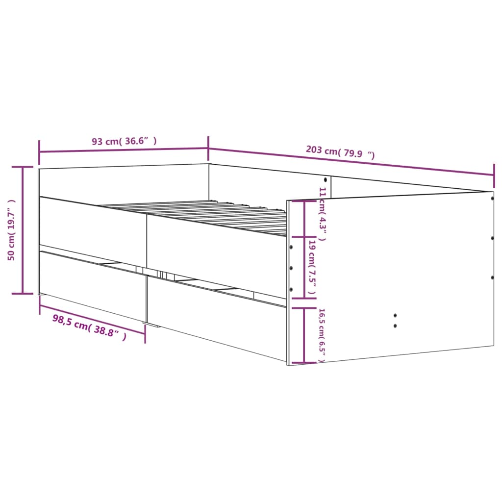 Bed Frame with Drawers without Mattress Sonoma Oak 90x200 cm
