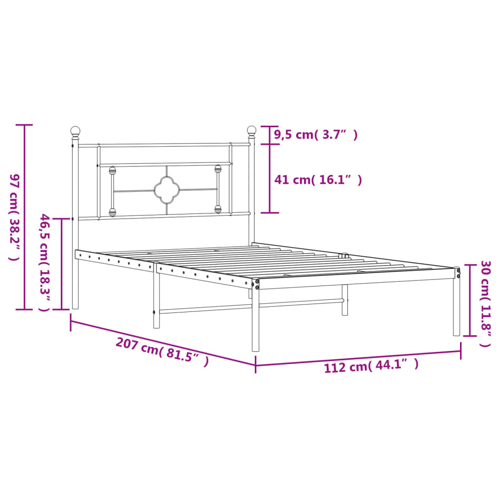 Sleek Black Metal Bed Frame with Headboard - 107x203cm