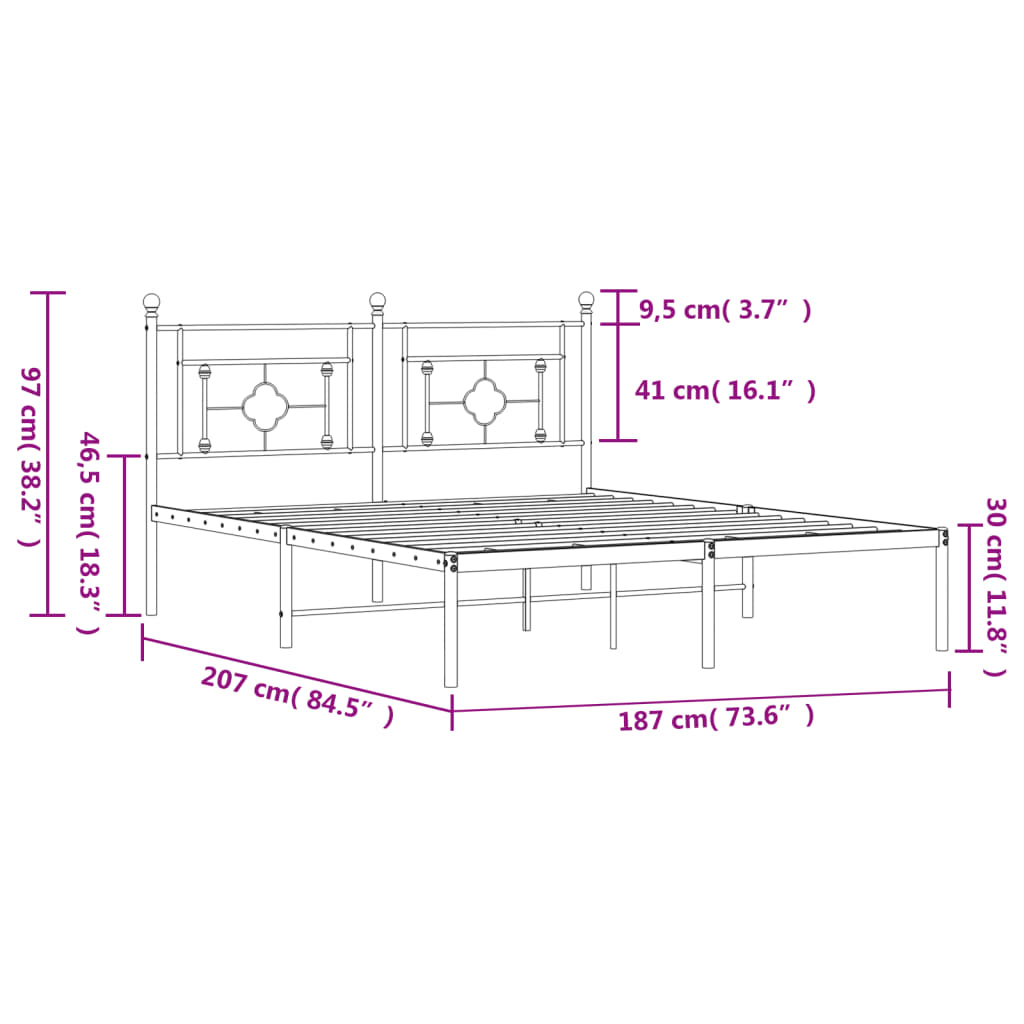 White Metal Bed Frame with Headboard, 180x200cm, Elegant Design