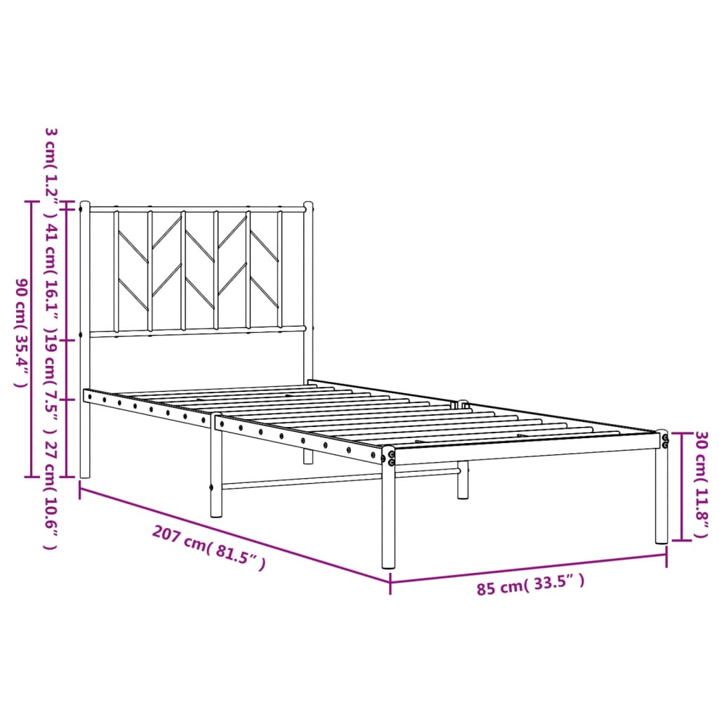 White Metal Bed Frame with Headboard 80x200cm - No Mattress Included