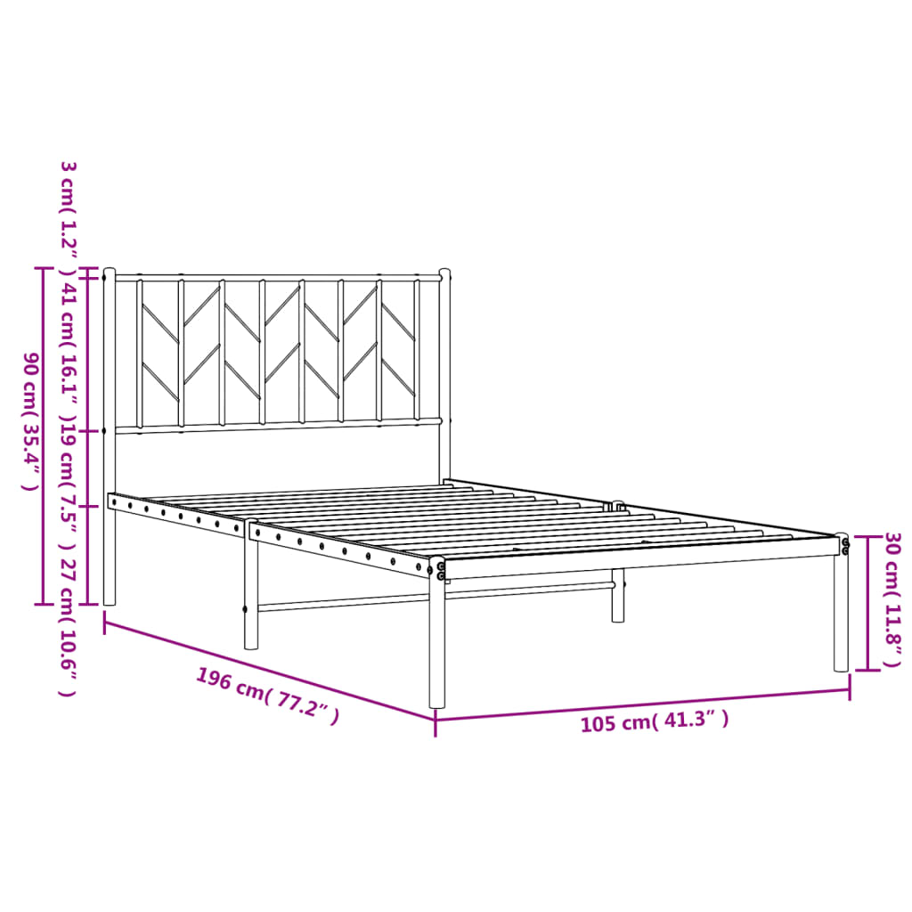 White Metal Bed Frame with Headboard 100x190cm - No Mattress
