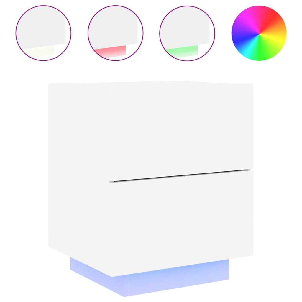 White Engineered Wood Bedside Cabinet with LED Lights
