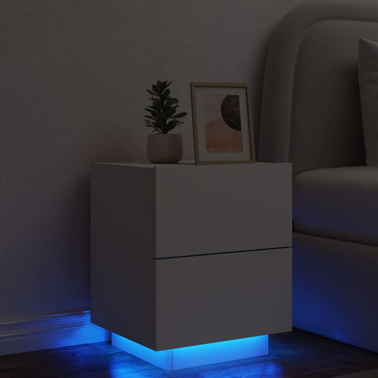 White Engineered Wood Bedside Cabinet with LED Lights