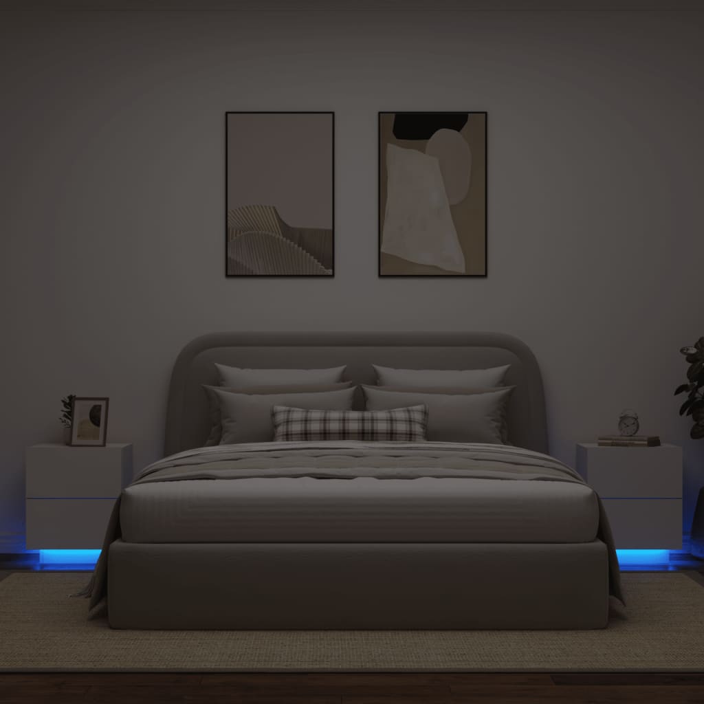 White Engineered Wood Bedside Cabinets with LED Lights - Set of 2