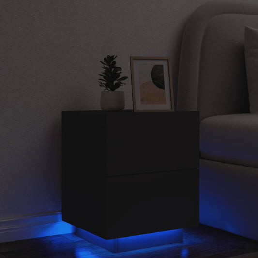Black Bedside Cabinet with LED Lights in Engineered Wood