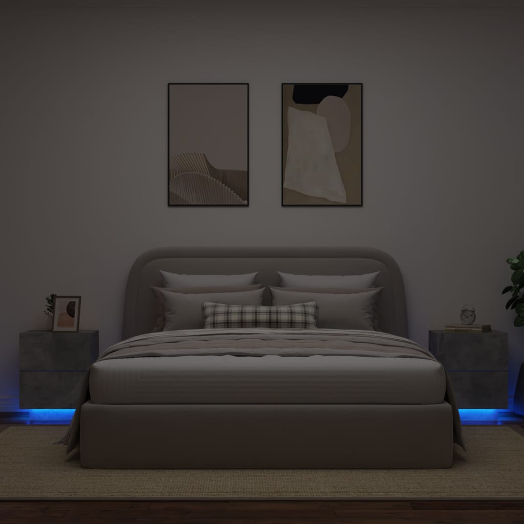 Concrete Grey Bedside Cabinets with LED Lights - Set of 2