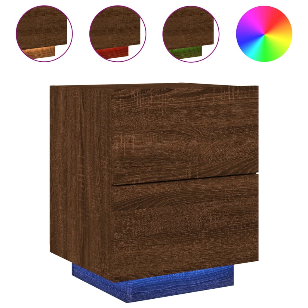 Brown Oak Bedside Cabinet with LED Lights - Engineered Wood