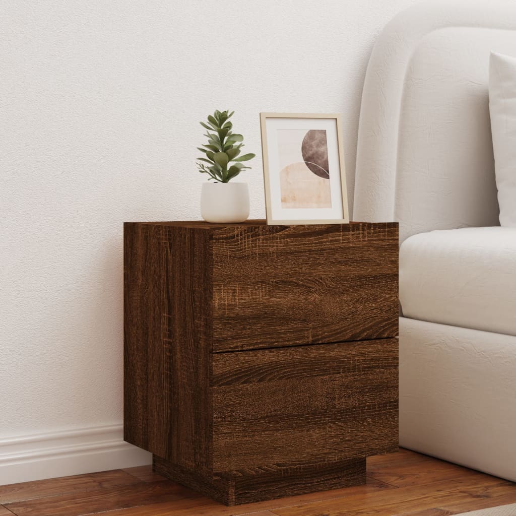 Brown Oak Bedside Cabinet with LED Lights - Engineered Wood