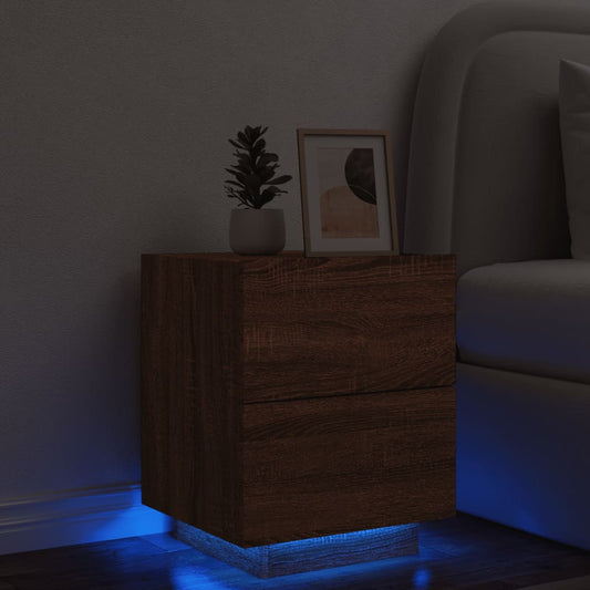 Brown Oak Bedside Cabinet with LED Lights - Engineered Wood