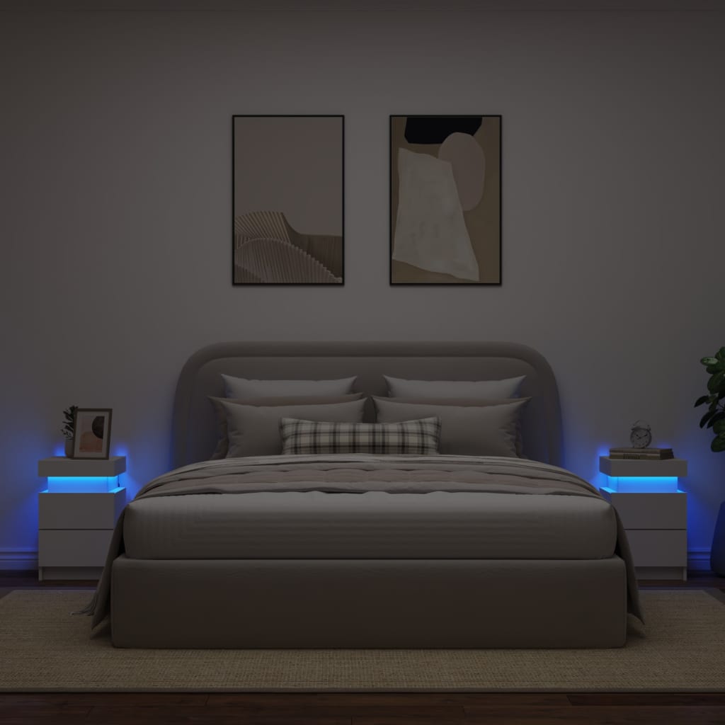 White Bedside Cabinets 2 pcs with LED Lights - 35x39x55 cm