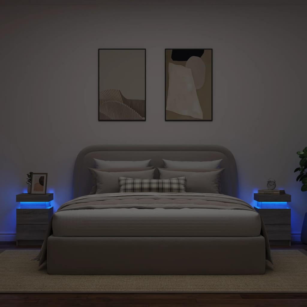 Grey Sonoma LED Bedside Cabinets, 2 Pcs - Modern Style 35x39x55cm