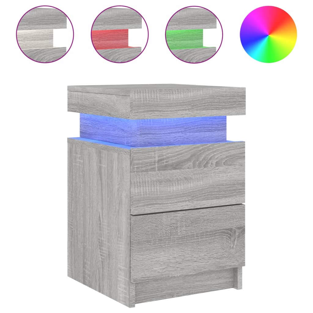 Grey Sonoma LED Bedside Cabinets, 2 Pcs - Modern Style 35x39x55cm