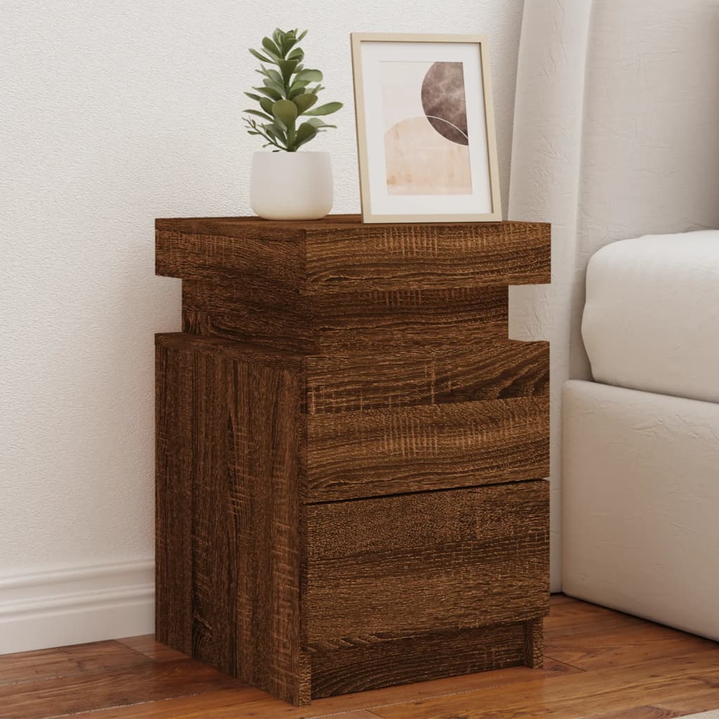 Bedside Cabinet with LED Lights Brown Oak 35x39x55 cm