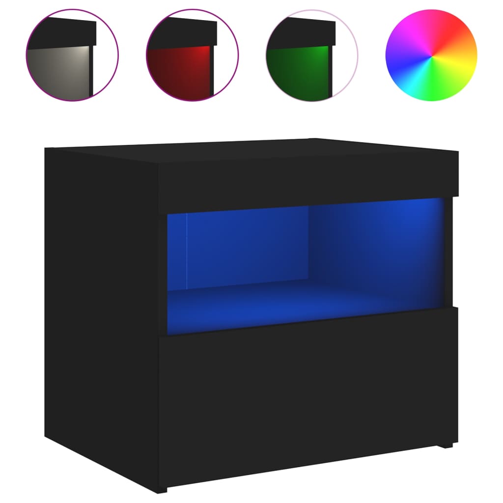 Black Bedside Cabinet with LED Lights - 50x40x45 cm, Modern Design