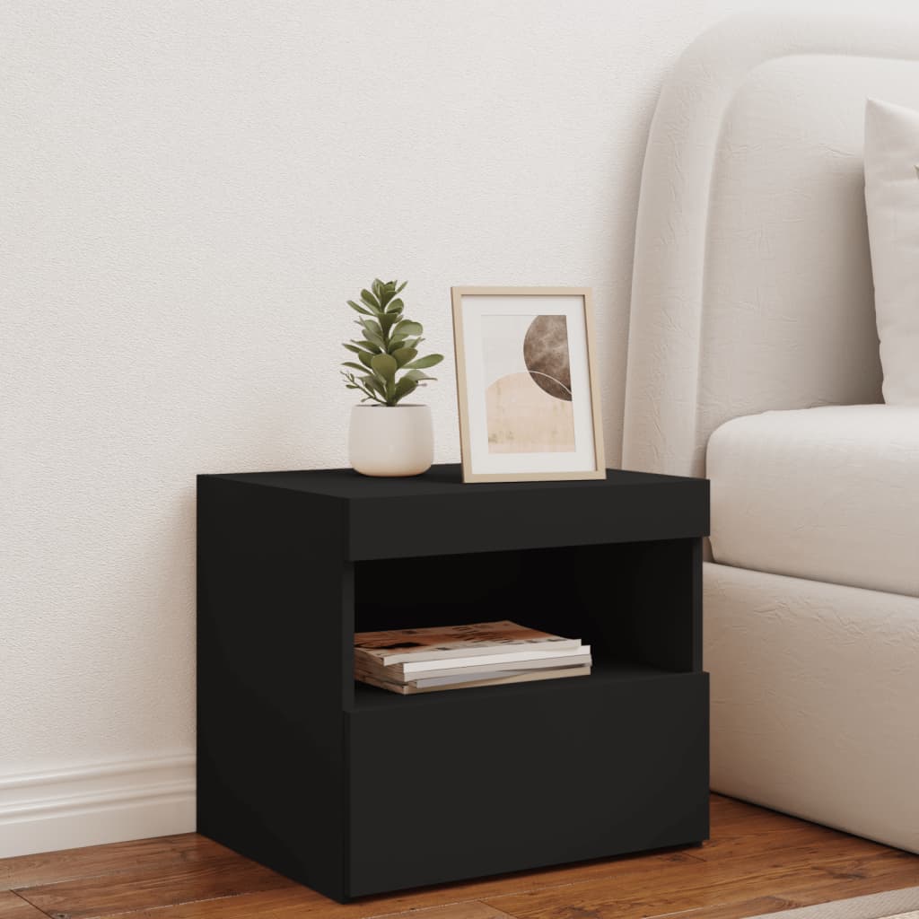 Black Bedside Cabinet with LED Lights - 50x40x45 cm, Modern Design