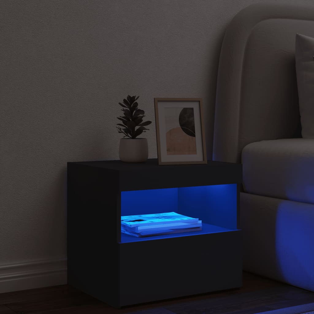 Black Bedside Cabinet with LED Lights - 50x40x45 cm, Modern Design