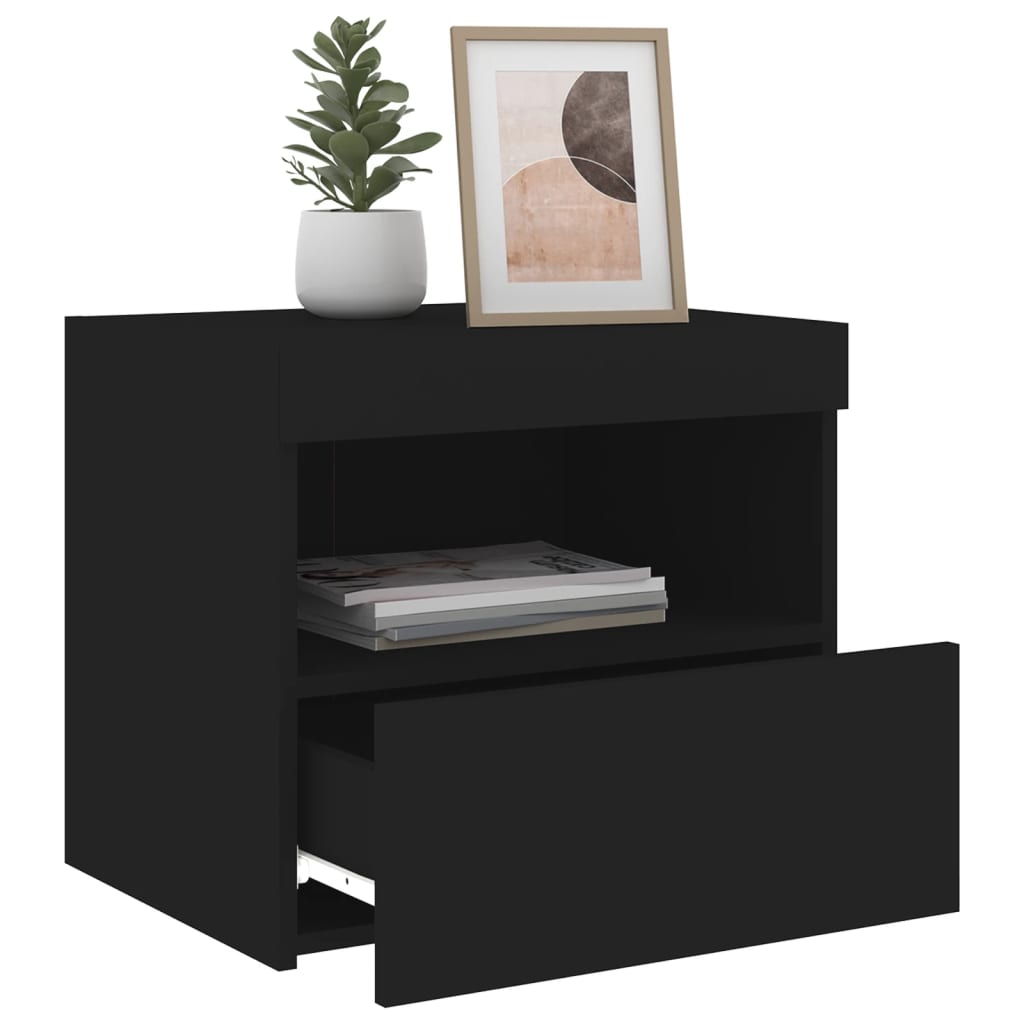 Black Bedside Cabinet with LED Lights - 50x40x45 cm, Modern Design