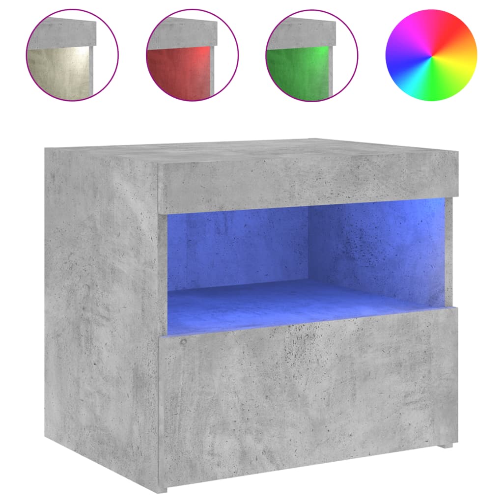 Concrete Grey Bedside Cabinet with LED Lights - 50x40x45 cm