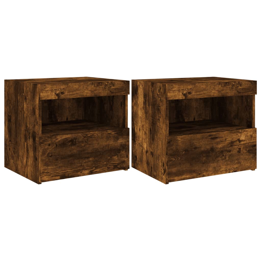 Smoked Oak LED Bedside Cabinets, Set of 2, 50x40x45 cm