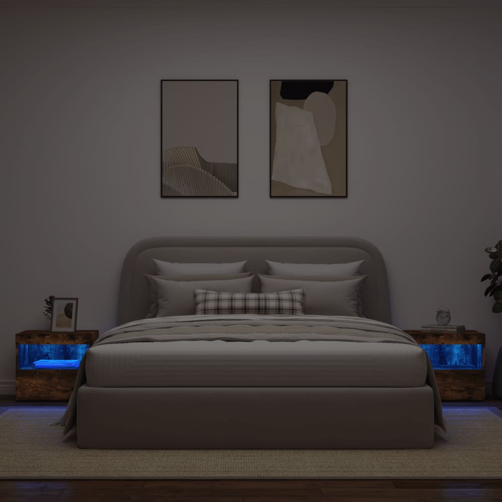 Smoked Oak LED Bedside Cabinets, Set of 2, 50x40x45 cm