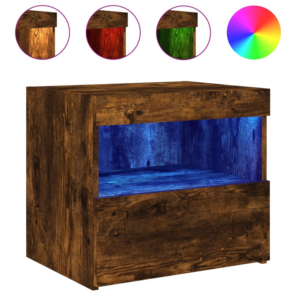 Smoked Oak LED Bedside Cabinets, Set of 2, 50x40x45 cm